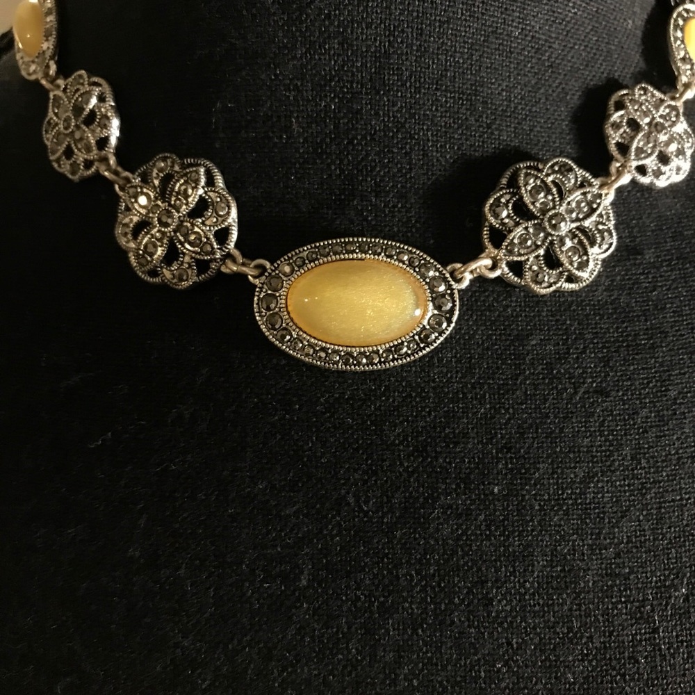 Vintage Crown Trifari Look Marcasite Multi Pendant Necklace Silver Tone Finish